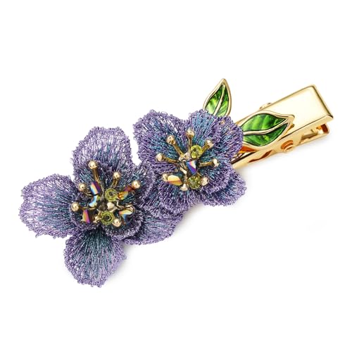 Image of Forget me not Flower Brooch Handmade Gold Thread Embroidered and hand-Drip Enamel leaf, Gradient Botanical Floral Brooch pins for women, SHE'S FREE STYLE JUST FOR YOU [Bencao Gangmu Series]Vintage Plant Jewelry