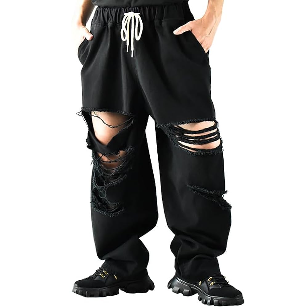 Amazon | ダメージパンツ メンズ 黒 ワイドパンツ 大きいサイズ