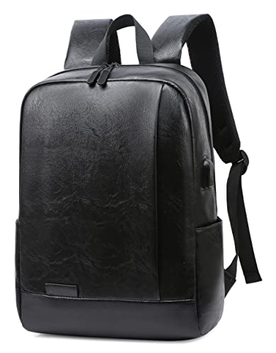 Men's 15.6 inch Laptop Backpack PU Leather Business Work Bag Large Capacity Casual Office Daypack with USB Charging Port