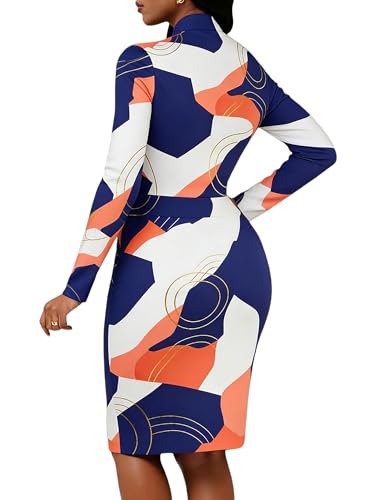 Image of MsavigVice Bodycon Dress Women Mandarin Collar Long Sleeve Knee Length | Vibrant abstract prints with bold varied hues, soft stretch fabric contours curves for sleek versatile everyday styling