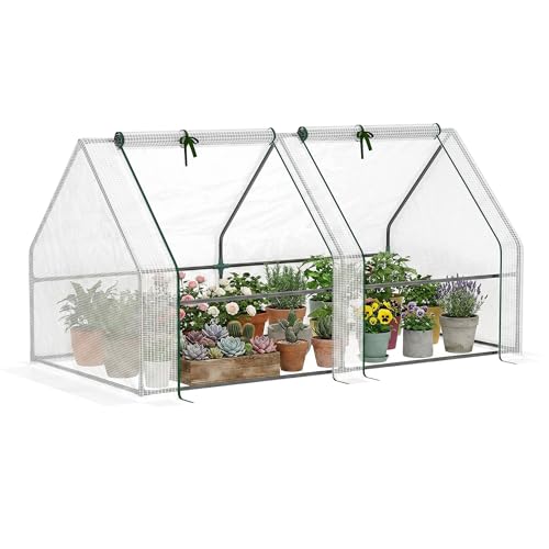 Outsunny Mini Gewächshaus Foliengewächshaus mit 2 Rollfenster, Wetterbeständige Frühbeet für Garten, Balkon, PE Folie, Stahl, Weiß, 180 x 90 x 90 cm