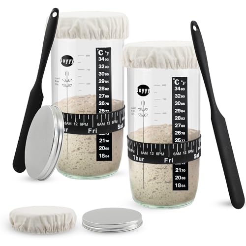 Joyyy Sourdough Starter Jar Set, Beginner-Friendly Fermentation Kit with 34oz Glass Jar, Lid & Tracker for Homemade Sourdough (Pack of 2)
