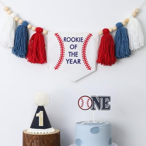 Decoración de fiesta de primer cumpleaños para bebé, diseño de béisbol, color azul y blanco para silla alta, decoración para tarta de primer cumpleaños