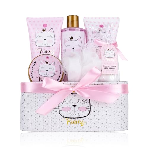 Accentra Geschenkset PRINCESS KITTY, 7-teiliges Geschenkset für Mädchen mit Duschgel, Bodylotion, Körperpeeling, Körpercreme, Badebomben und Netzschwamm im rosa Körbchen, Erdbeere & Vanille Duft