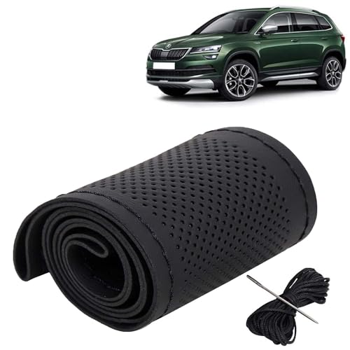 Image of KINGSWAY PU Leatherite Car Steering Cover Sewable Compatible with Skoda Karoq (Year 2020 Onwards), Black Color with Black Thread, Pack of 1 with Sewing Needle and Thread