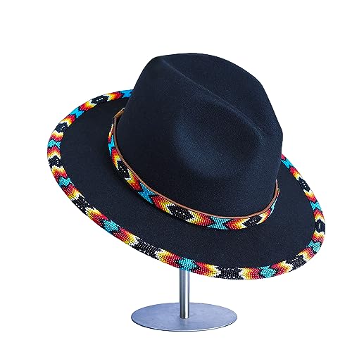 Native American Handmade Fedora Hats with Hatband Beaded Brim from Beads Boho Native Beaded Hat for Men Woman Style Black Dusk Pattern - Image 6
