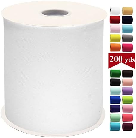 White Tulle Fabric Rolls 6 Inch by 200 Yards (600 feet) Fabric Spool Tulle Ribbon for DIY White Tutu Bow Baby Shower Birthday Party Wedding Decorations Craft Supplies