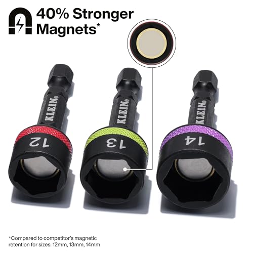 Image of Klein Tools 32926SM 2-Inch Magnetic Power Nut Setters, Compact Impact Driver Set, Color-Coded, Metric, Impact-Rated, 6-Piece