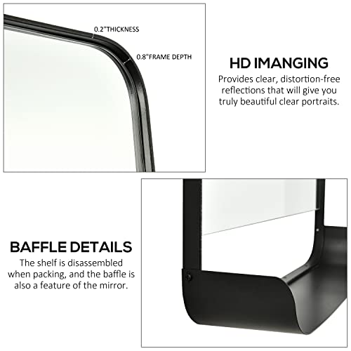 Black Farmhouse Bathroom Mirror With Shelf Vanity Mirror, 24" X 36" Rectangle Metal Rounded Wall Mirror For Bathroom Living Room,Entryway #TOP3