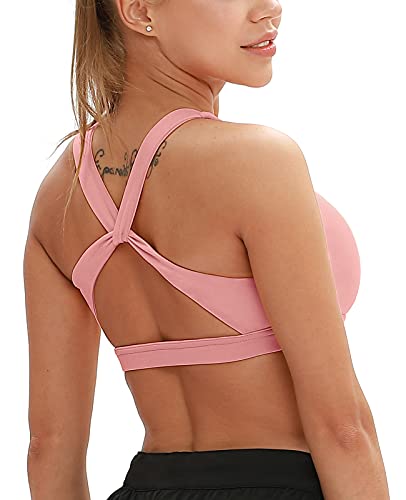 icyzone Sujetador deportivo de entrenamiento para mujer - Sujetador acolchado sin varillas de impacto medio para gimnasio y yoga, Cameo Rosa, M Cover