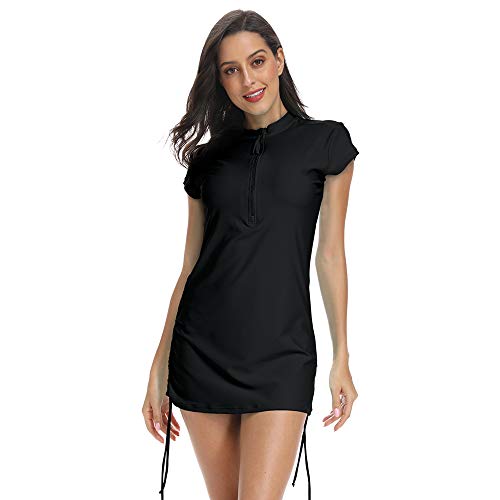 Abalagu Women's Uv Sun Protection Half Zipper Short Sleeve Rash Guard Swim Shirt Rashguard Swimsuit Top (Black, L) #TOP1