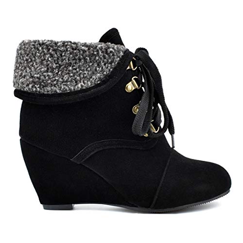 VOKLIN Women's Winter Fur Cuff Wedge Ankle Boots Suede Lace Up Round Toe Chunky High Heel Dress Short Booties3