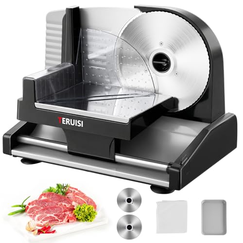 TERUISI Meat Slicer, 200W Electric Deli Food Slicer with 2 Removable 7.5'' Stainless Steel Blades and Tray, 0-15mm Adjustable Thickness For Home Use, Easy to Clean, Cuts Meat, Bread and Cheese