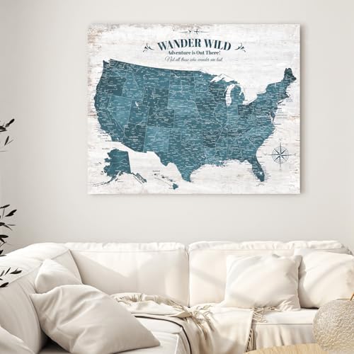 Image of IPIC - Antique Blue USA Travel Map, Pin Board Canvas Wall Art, Travel Map with Pins Included, Ready to Hang for Home or Office, 30x24 Inch