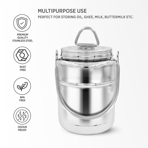 Image of Dhara Stainless Steel 1100 ml Dolchi Oil & Milk Container with Lid, Jointless One Piece Storage Pot with Screw Lid and Handle