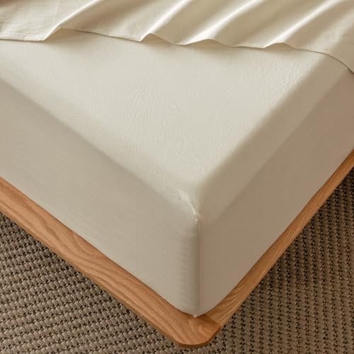 MooMee Fitted Bottom Sheet Only 100% Washed Cotton Linen Like