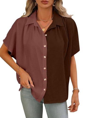 Image of GRECIILOOKS Polycotton Shirt for Women | Shirt Top | Color Block Button Down Blouse Casual Loose Fit Short Sleeve Summer Shirts Work, Vacation & Everyday Wear
