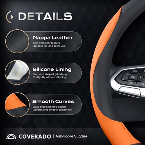 Image of Coverado Car Steering Wheel Cover, Nappa Leather Black & Orange Steering Wheel Covers for Women, Universal 14-15 inch, Anti-Slip, Breathable Steering Wheel Protector