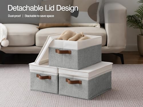 StorageWorks Large Storage Bins with Lids, Decorative Storage Boxes with Lid and PU Handles, Foldable Storage Baskets for Closet, Shelves, Stackable, Gray and White, 3-Pack - Image 6
