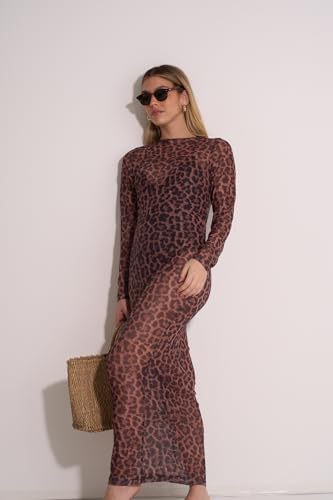 Gottex Beach Life Wild Mesh Long Sleeve Dress Cover-Up - Leopard mesh Fabric, High Neck, One Size Fits Most4