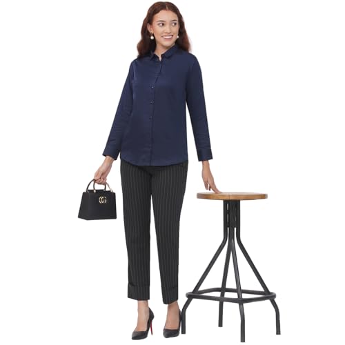 Image of Women's Cotton Solid Long Sleeve Shirt - Formal & Casual Button-Down Long Sleeve Collared Top for Office, Workwear 100% Soft Breathable Cotton Fabric