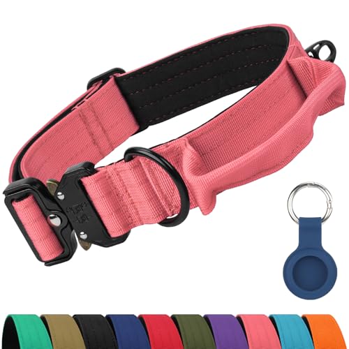 Joytale Tactical Dog Collar for Large Dogs with Control Handle, Heavy Duty Military Training Collar for Power Breeds, AirTag Holder Case, Quick Release Metal Buckle, Soft Padded, L, Pink