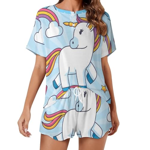 Pyjama femme manches courtes au motif licorne bleue pour l'été