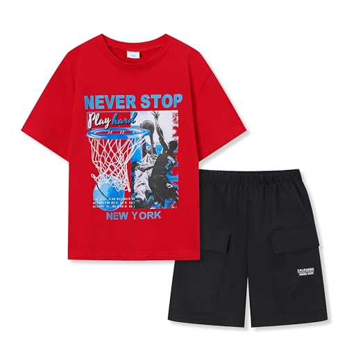 FJLSJSW Boys Clothes 2-Piece Outfits Basketball Print T-Shirt & Cargo Shorts Set Casual Summer Kids Clothes Teen Clothing Sets for 8-9 Years Red