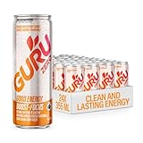 GURU ZERO SUGAR Orange Raspberry Sorbet Organic Energy Drink with Plant Based Natural Caffeine from Green Tea, Coconut Water, Zero Added Sugars, 140mg Caffeine, Healthy Drinks, 355mL (Pack of 24)