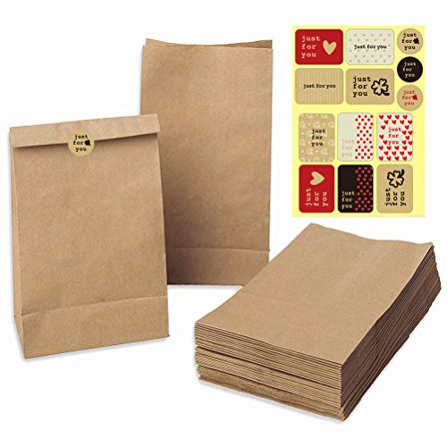 JAHEMU Kraft Paper Bags Gift Bag 50 Pieces Paper Storage Bag Lunch Bread Candy Treat Bag Christmas Birthday Wedding Party Bags with Kraft Stickers