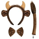 Gvhntk 3Pieces Beast Ears Horns Tail Set Plush Ox Bull Horns Cow Ears Tail Bow Tie Costume Accessories Set Halloween Party