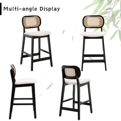 CIMOTA Rattan Bar Stools Set of 2, Farmhouse Wood Barstools Boho Kitchen Island Stools Comfortable Upholstered Counter Height Bar Chairs, 26 Inch/Black Wood/Linen Beige - Thumbnail 6
