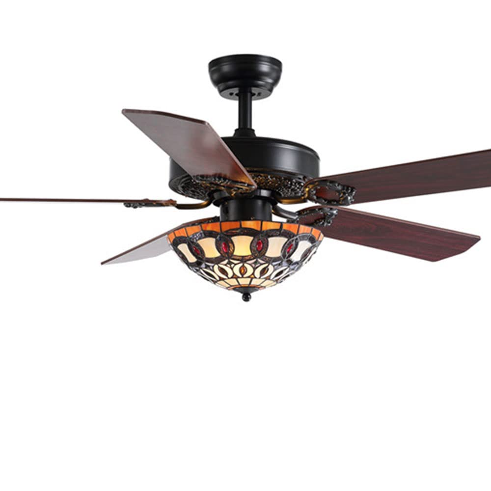 Ventilateur de plafond éclairage séjour 52in avec grand abat-jour verre rétro et 3 lumières