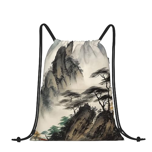 Kururi Chinese Landscape Painting Print Drawstring Backpack Water Resistant String Bag Sackpack Cinch For Sports Camping Traveling