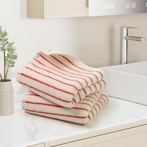 Jacquotha Striped Hand Towels Set of 2, Vintage Bathroom & Kitchen Decor, Guest Use, Soft Gentle for Adults Kids, Natural Cotton, 14” x 29”, Coral Red
