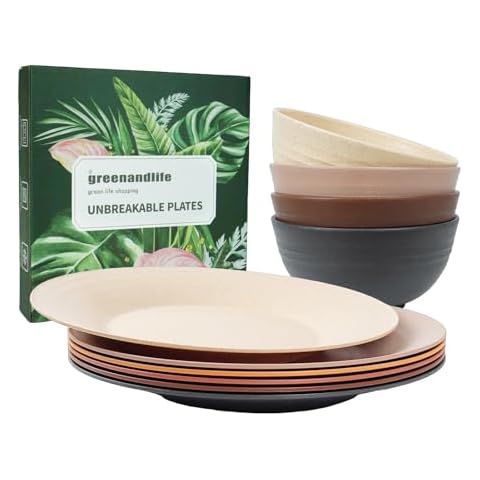 greenandlife 10inch/6pcs Deep Plates + 24oz/4pcs Bowls, Unbreakable Microwave Safe Reusable Lightweight Plates and Bowls Sets Dishwasher Safe Dishes for Outdoor Camping RV, Earth Tone Cover