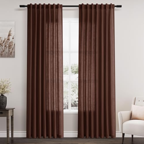 Image of Rustic Brown Linen Curtains 84 Inch Length 2 Panels Set for Living Room Rod Pocket Back Tab Light Filtering Window Drapes for Bedroom Dining Room Protect Privacy Modern Farmhouse Decor 52x84