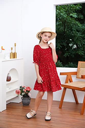 Girls Dress Sweet & Cute Puff Sleeve Square Neck Ruffle Whimsy Polka Dot Ruffle Swing Dress 5-14(9-10 Years)4