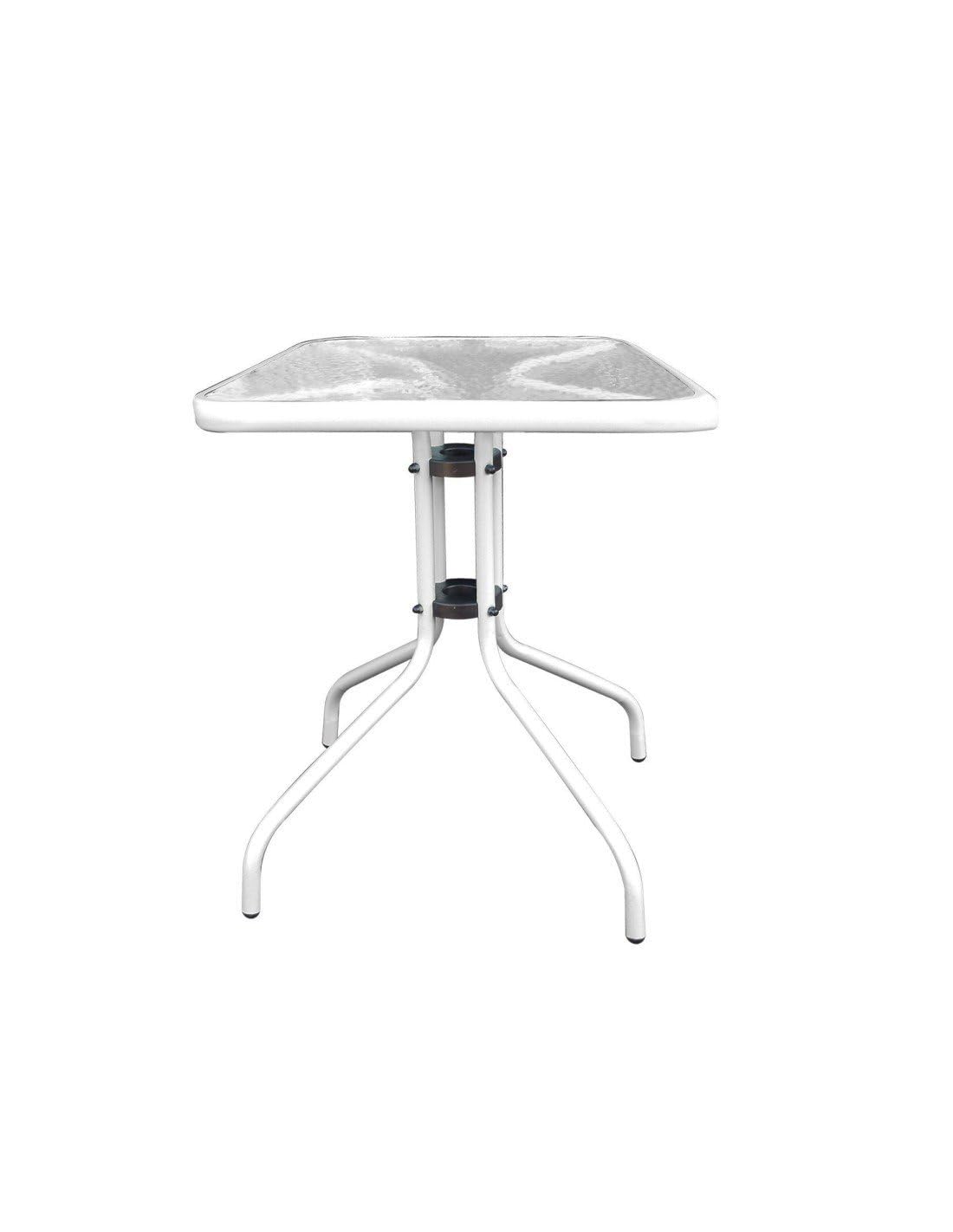 Jardin202 - Mesa de Cristal 60x60x70 cm Cuadrada con Base Metálica Resistente - Ideal para Terraza, Jardín o Balcón | (Blanco)