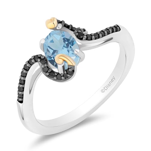 Jewelili Enchanted Disney Fine Jewelry Black Rhodium and 10K Yellow Gold over Sterling Silver with 1/5 CTTW Diamonds and Swiss Blue Topaz Jasmine Ring Size 7