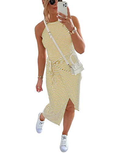 Image of NOLLSOM Women Casual Sleeveless Striped Tank Midi Dresses Halter Neck Ruched Bodycon Dresses Tie Waist T Shirt Summer Dress