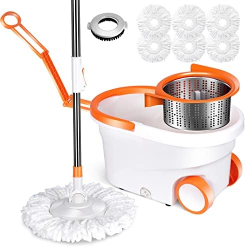 Midyb Spin Mop and Bucket with Wringer Set, Microfiber Mop and Buckets System on Wheels with 6 Reusable Pads, Spinning Wet Dry Mops for Floor Cleaning - Send 1 Floor Scrubbing Brush Head