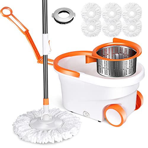 Midyb Spin Mop And Bucket With Wringer Set, Microfiber Mop And Buckets System On Wheels With 6 Reusable Pads, Spinning Wet Dry Mops For Floor Cleaning - Send 1 Floor Scrubbing Brush Head #TOP3