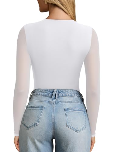 PINKMSTYLE Long Sleeve Mesh Bodysuit for Women Square Neck Going Out Tops Date Night Outfit White Medium — view 4