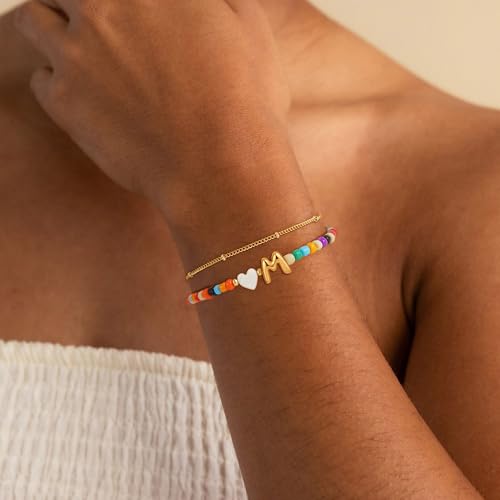 Colorful Initial Bracelets for Women Girls - 14K Gold Plated Heart Initial Letter Daint A-Z Charm Bracelet Summer Jewelry Teen Girl Gifts for Teen Kids3