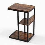 King Oasis 3-Tier Brown Metal Side Table - Industrial End Table & Nightstand with Adjustable Feet, 80LB Sturdy Small Bedside Table Storage Shelf for Living Room, Bedroom, and Small Spaces