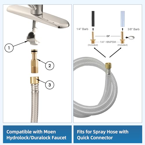 Image of Universal Kitchen Sink Sprayer Replacement, Quick Connector, Brushed Nickel | NSF /ANSI /CAN 372 Certified, Sink Faucet Sprayer Attachment /Hose /Holder, Pull-Out Side Spray Compatible with Moen /Delta Hose