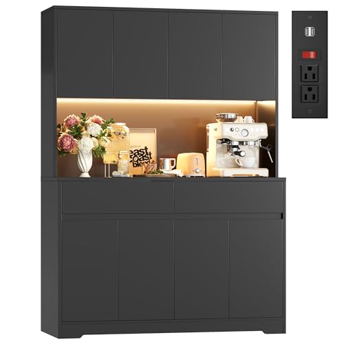 FINETONES 71" Tall Pantry Cabinet with LED Lights and Charging Station, 47.2" Wide Kitchen Pantry Storage Cabinet Kitchen Hutch with Microwave Stand, Tall Storage Cabinet for Living Room, Black