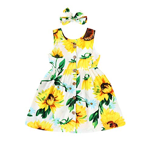 YOUNGER TREE Toddler Dresses Lemon Baby Girls Pineapple Fruit Dress Outfit Summer Girl Dress Spring Sundress (White-Sunflower, 3-4 Years)