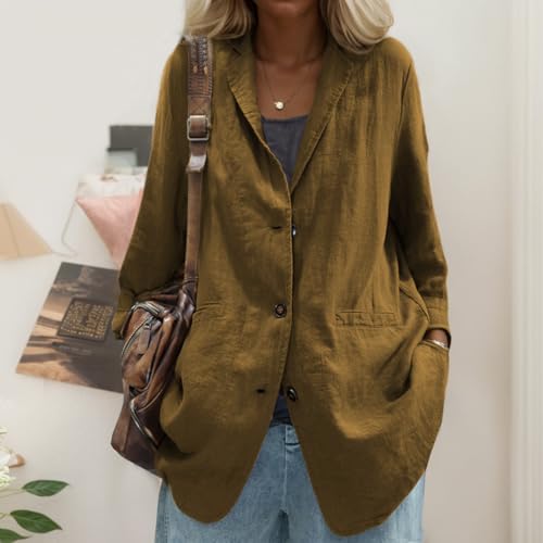 Cotton Linen Blazer for Womens Lapel Button Down Suit Jackets Casual Long Sleeve Oversized Coat with Pockets2